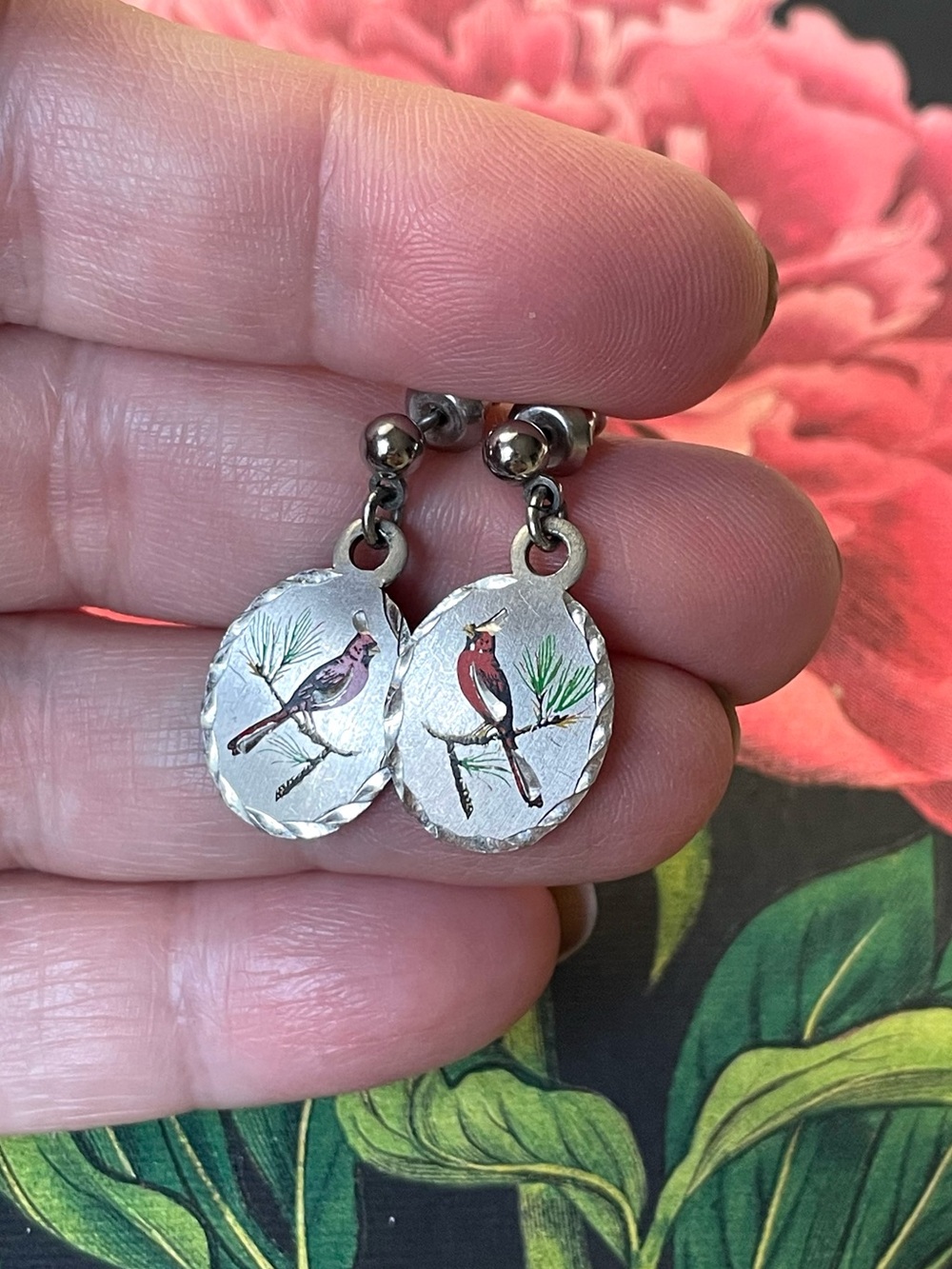 Vintage hand engraved brushed pewter red bird on branch drop earrings winter